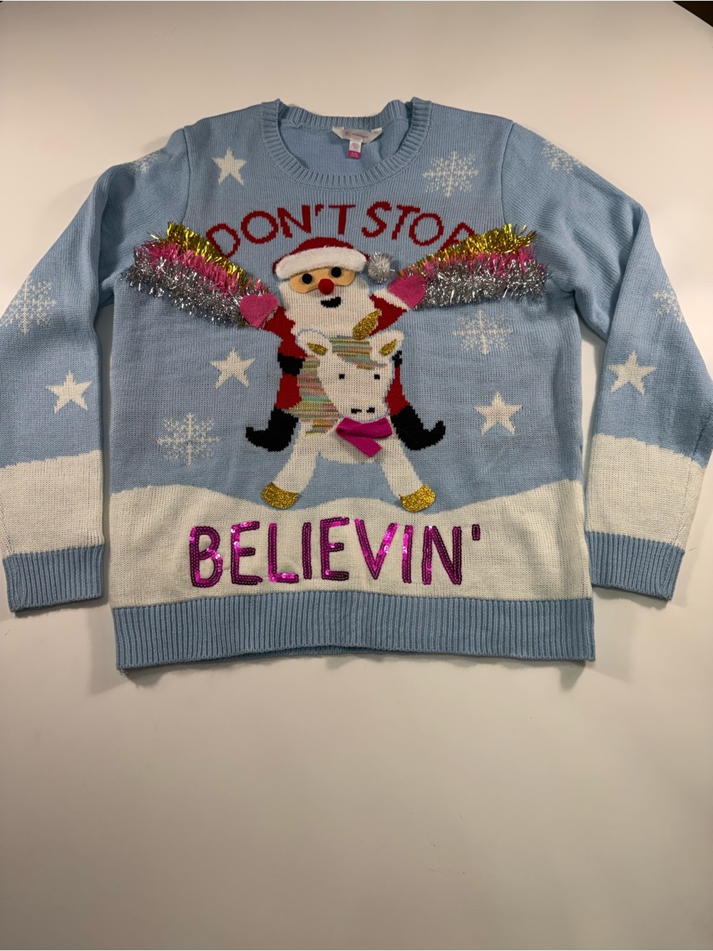 No Boundaries Christmas Sweater'Don't Stop Believin' Santa Crewneck Sweater - Picture 2 of 7
